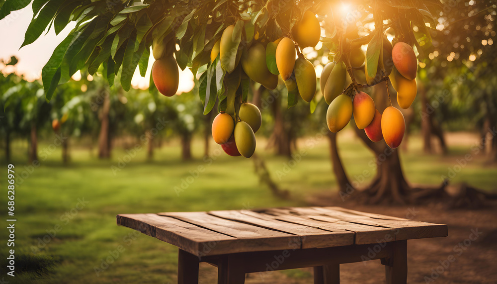 Ripe Mango tropical fruit hanging on tree with rustic wooden table and sunset at organic farm - obrazy, fototapety, plakaty 