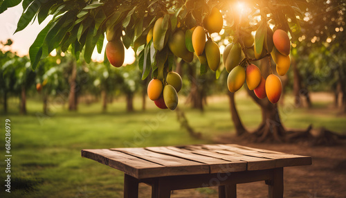 Ripe Mango tropical fruit hanging on tree with rustic wooden table and sunset at organic farm photo