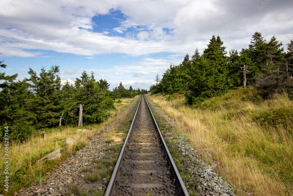 The famous railway line leads to the Brocken, the highest mountain in the Harz on Autumn day.