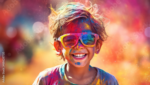 Happy kid in glasses and paint dust at festival , happy holi indian concept