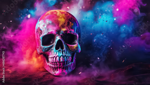 Skull on the background of dust, paints, smoke , happy holi indian concept © terra.incognita