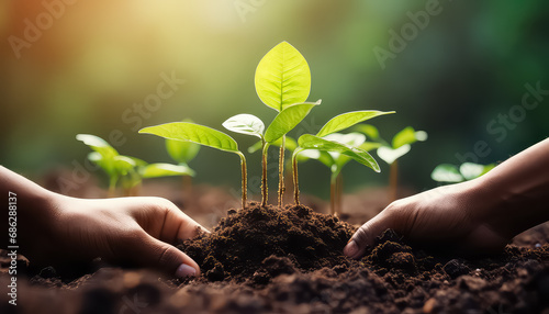 The seedling grows through the soil , safe nature day concept