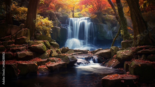 A majestic waterfall surrou in autumn forest