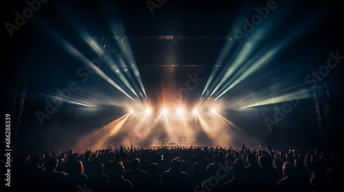 Dark concert background lightened with yellow and white projector lights and smoke photo