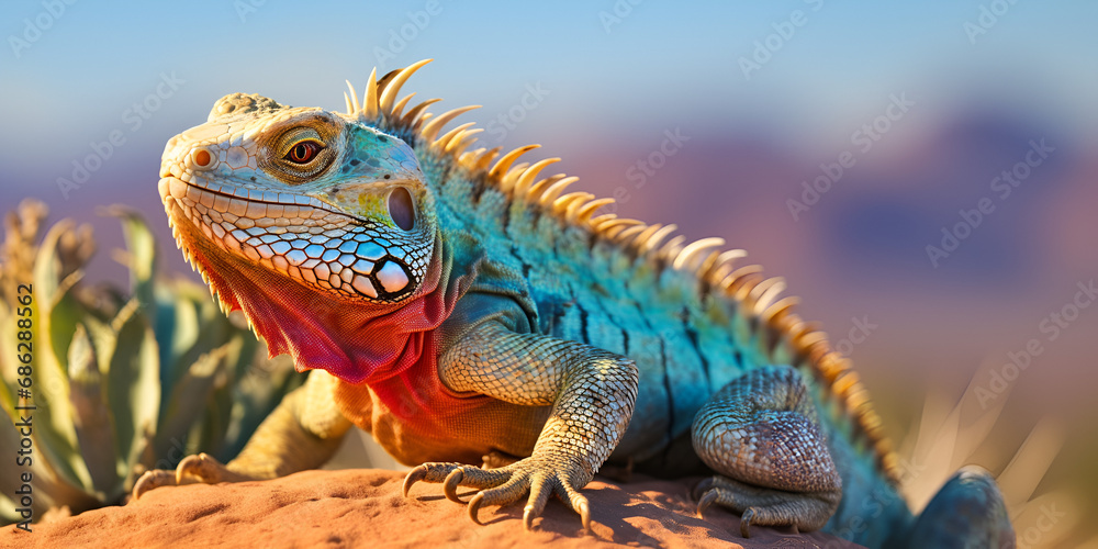 Fototapeta premium A Symphony of Scales: Where an Iguana's Dazzling Colors Unfold, a Living Masterpiece of Nature's Vibrant Artistry Generative AI
