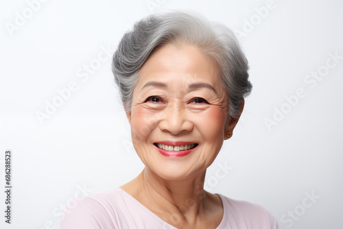Smiling asian woman looking at camera  close up portrait on white background. Healthy face skin care beauty.