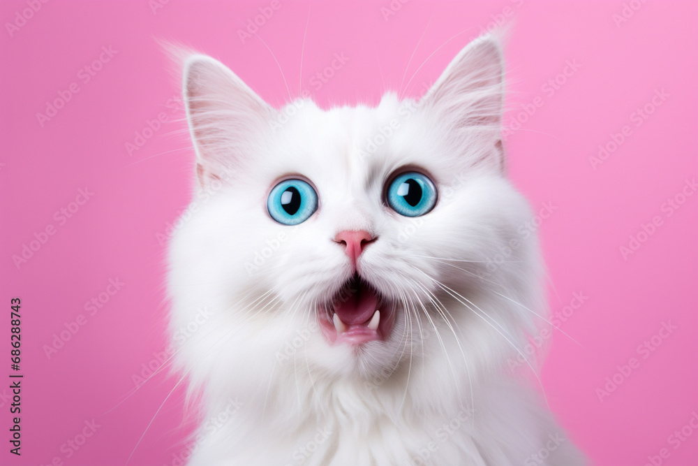 surprised white fluffy cat on a solid pink background surprised white fluffy cat on a solid pink background