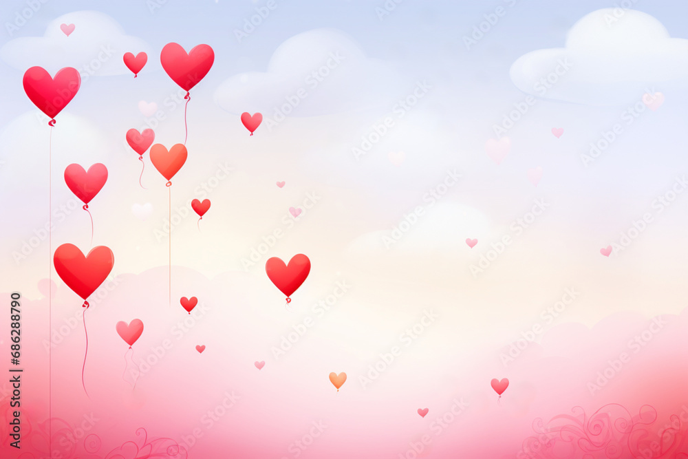 delicate background with clouds and flying red hearts,watercolor,copy space,design concept for a postcard,invitation or advertising banner for Valentine's day,weddings and other celebrations