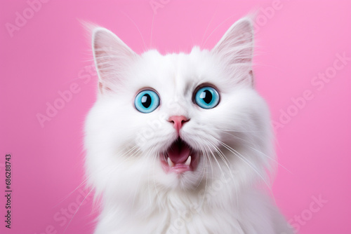 surprised white fluffy cat on a solid pink background