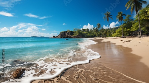 A beach at midday, with a cloudless sky, turquoise waters, and the sun casting a sparkling reflection on the sea, creating a postcard-perfect image of a tropical paradise