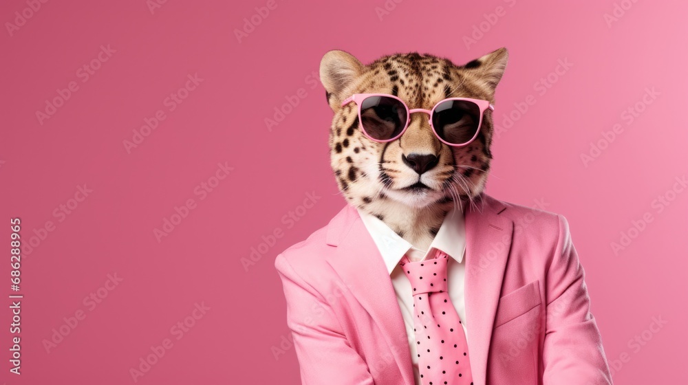 studio portrait of cheetah with glasses and stylish suit, isolated on clean background,accessories business concept