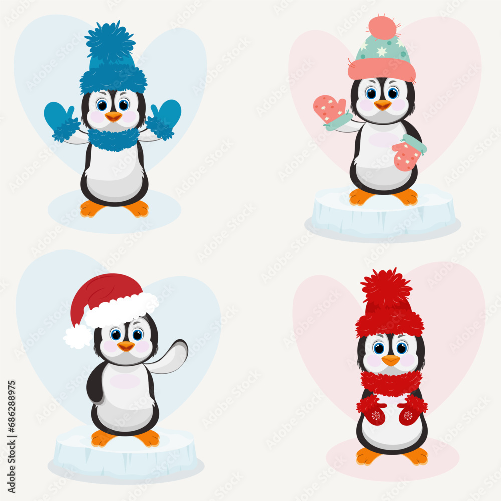 Naklejka premium Christmas penguin characters set. Happy new year penguins design with hat and scarf. Stock holiday vector animal illustrations