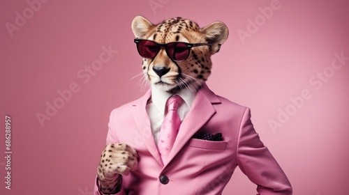 studio portrait of cheetah with glasses and stylish suit, isolated on clean background,accessories business concept © Maryna