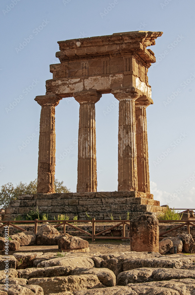 Italy, Sicily island, the valley of the temples of Agrigento, view of the temple of Dioscuri ruins.