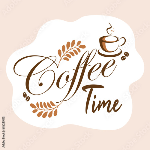 Coffee quote design with a cup and beans. Coffee calligraphy print for tshirt, sticker. Coffee time typography. Stock vector