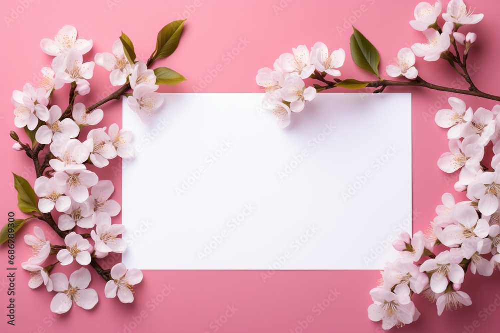 top view of blank white paper with flowers on pink background, love letter