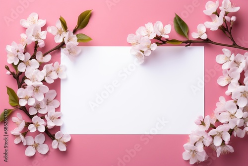top view of blank white paper with flowers on pink background, love letter © NOMI