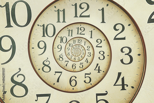 Vintage abstract infinite spiral clock face. Surreal watch twisted time concept illustration
