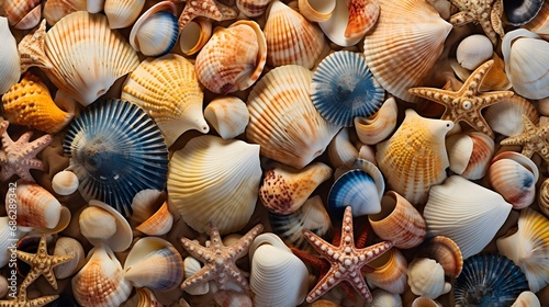 A close-up of intricate seashells scattered along the ocean floor