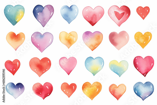 Set of multicolored watercolor hearts isolated on white background.