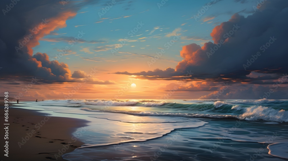 A serene beach walk at sunrise,