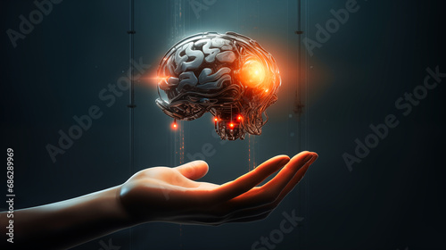 Close up of human hand holding brain in palm.
