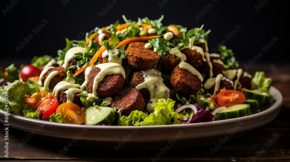 A side view of a crispy falafel salad with tahini dressing.
