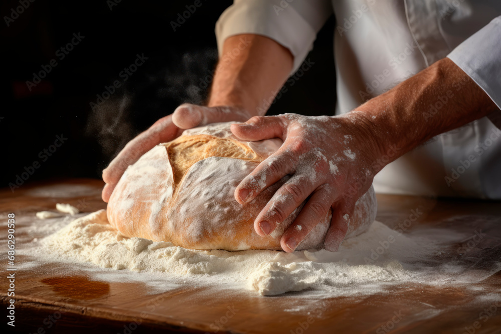 Baker's hands kneading bread close up