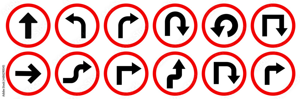 Road sign arrows vector set . Collection of way sign, Road navigation arrows, direction mark, crossroad symbol Road sign arrows vector set . Collection of way sign, Road navigation arrows, direction mark, crossroad symbol
