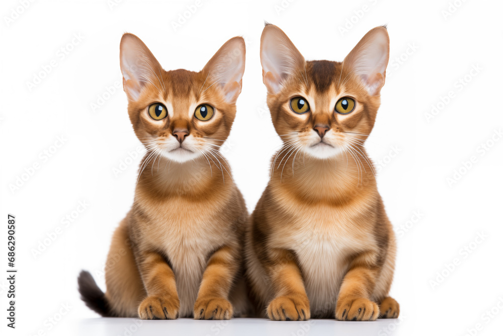Two Abyssinian breed cats sit next to each other on white