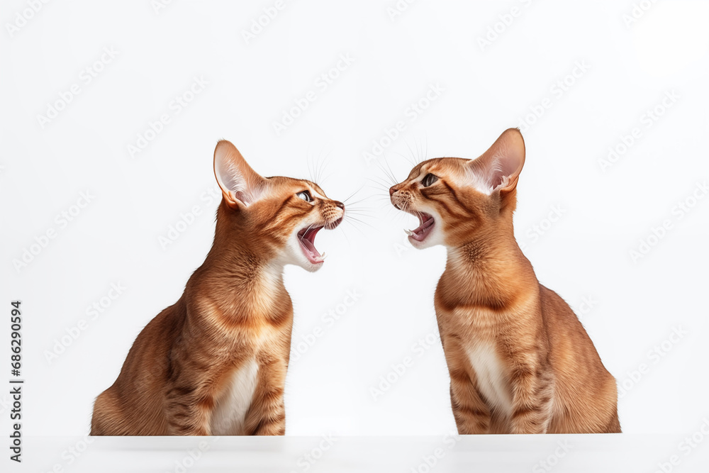 Two Abyssinian breed cats sit next to each other on white