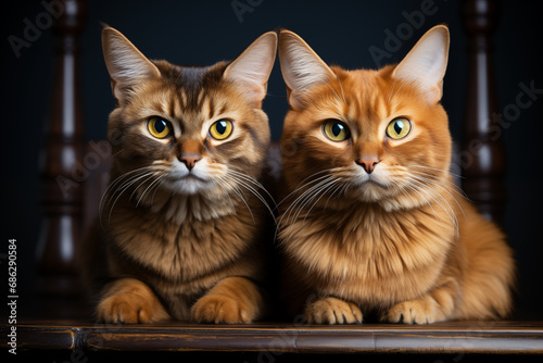 Two Abyssinian breed cats sit next to each other on black