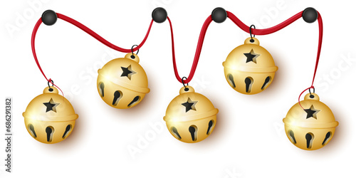 Christmas garland of golden jingle bells on white background. Happy New Year.Vector illustration. 