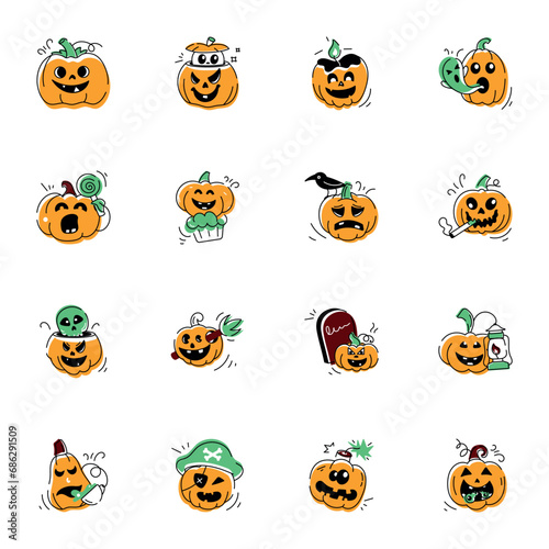 Spooky Halloween Celebration Doodle Icons 