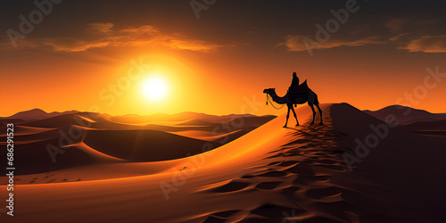 Nomadic Elegance in a Realm of Endless Horizons: A Camel Procession Unfolds, Its Rhythm Echoing the Timeless Rhythm of the Desert's Vast and Enchanting Landscape Generative AI