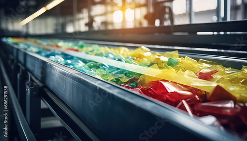 Conveyor at the factory produces candies and packaging