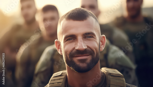 Military men in uniform smiling in army photo