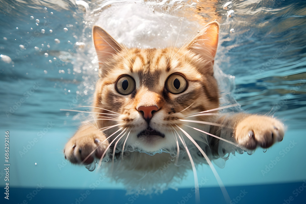 Funny cat swimming in pool. Funny cat swimming in pool.