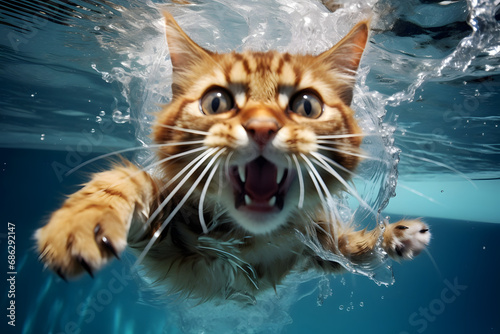 Funny cat swimming in pool.