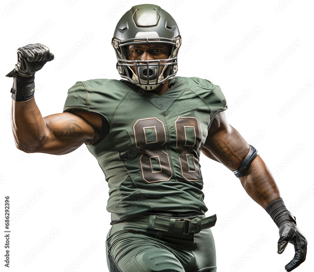 An American football player in a green helmet and uniform makes a victorious wave with his fingers clenched into a fist