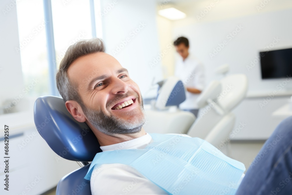 Fototapeta premium A man is getting teeth whitening from a dentist on lying down in a dentist's chair with the patient and smiles over the smiling man in her mouth. Man lying down on dentist chair and laughing.