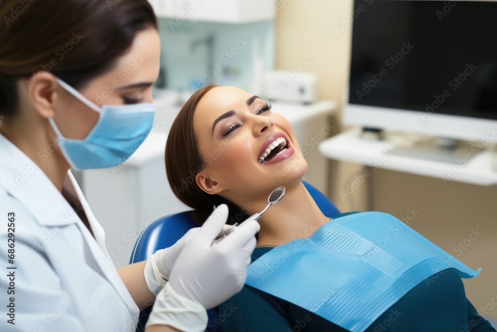 A woman is getting teeth whitening from a dentist on lay down a dentist's chair with the patient and smiles over the smiling woman in her mouth. Professional doctor fixing her teeth during dental proc A woman is getting teeth whitening from a dentist on lay down a dentist's chair with the patient and smiles over the smiling woman in her mouth. Professional doctor fixing her teeth during dental proc