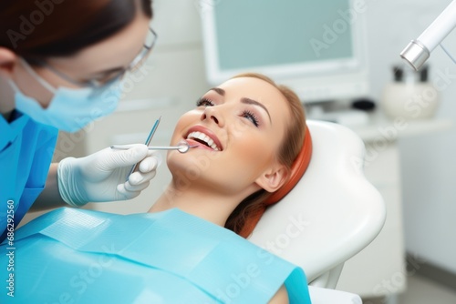 A woman is getting teeth whitening from a dentist on lay down a dentist's chair with the patient and smiles over the smiling woman in her mouth. Professional doctor fixing her teeth during dental proc