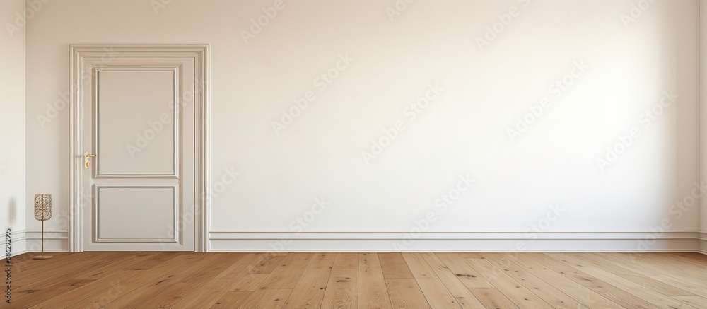 Vacant space with ancient wooden flooring a white door and a radiator Vacant space with ancient wooden flooring a white door and a radiator
