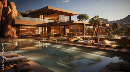 luxury modern backyard with a swimming pool, 3d rendering © ksu_ok