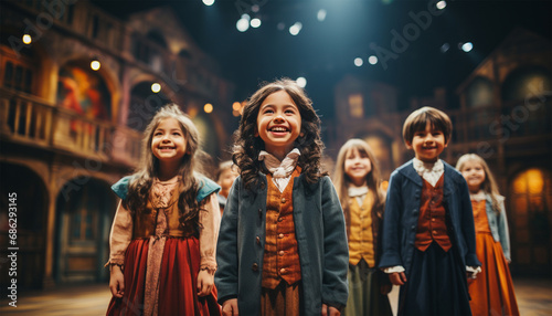 Children Performance on a School Theater Stage. Singing a song school musical. Concept: Big Evening Event is on an Open Day at School. Parents and Grandparents in an Audience Hall