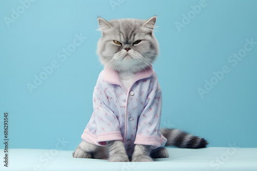 Funny cute cat in pajamas on pastel background. photo