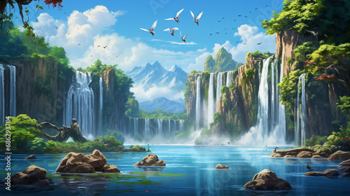 waterfall in the park with bards flying  photo