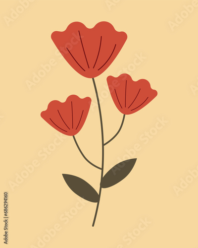 Red flower in retro style on a beige background