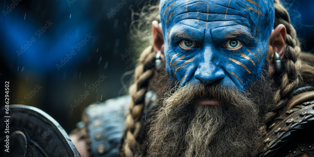 Intense warrior with tribal blue face paint and beard, holding a shield, ready for battle, exemplifies ancient tribal war traditions and strength Intense warrior with tribal blue face paint and beard, holding a shield, ready for battle, exemplifies ancient tribal war traditions and strength